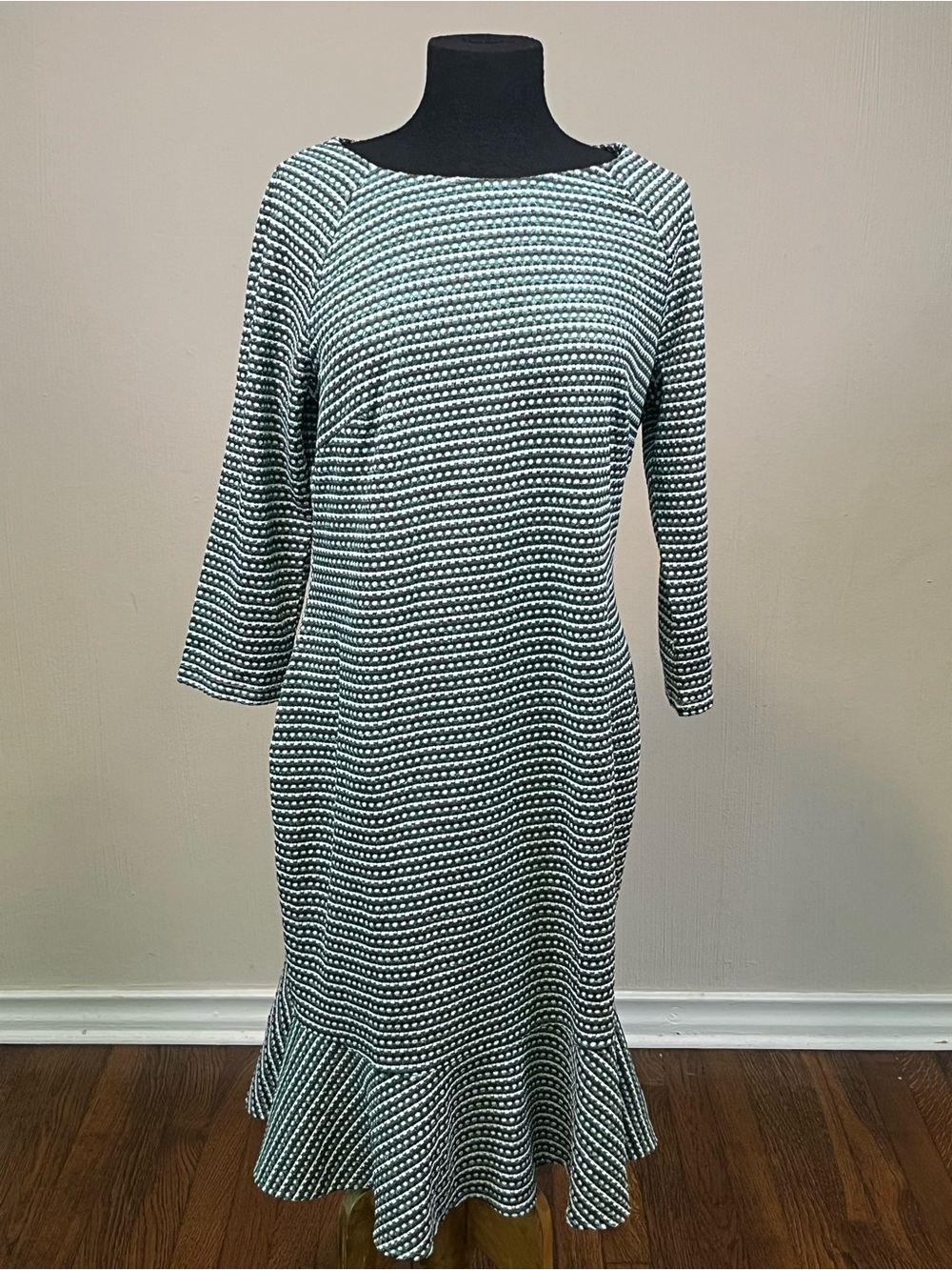 ECI New York Textured Knit Flounce Hem Dress XL Green Black White